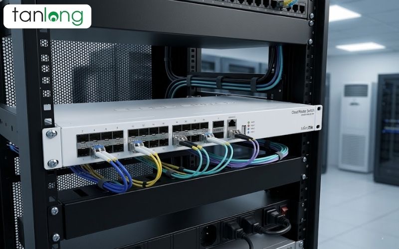 Thiết bị CRS326-24S+2Q+RM nằm trên bàn trong văn phòng mạng