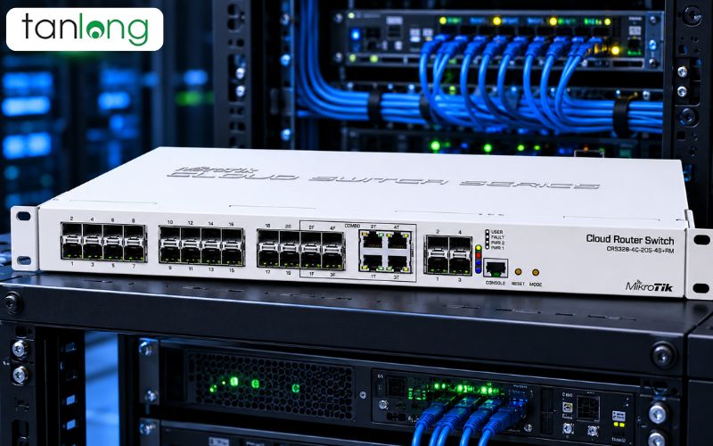 CRS328-4C-20S-4S+RM nằm ở tủ rack trong phòng kỹ thuật mạng