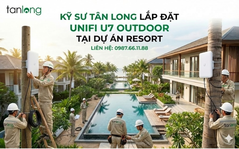 Kỹ sư Tân Long lắp đặt Unifi u7 outdoor tại dự án resort